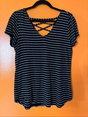 Cable & Gauge Black and White Striped Short Sleeve Top with Crisscross Back